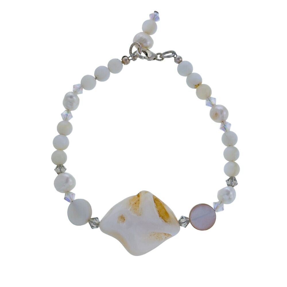 Vintage Sterling Silver 925 Clasp Mother Of Pearl Crystal Beaded Bracelet 7.75"